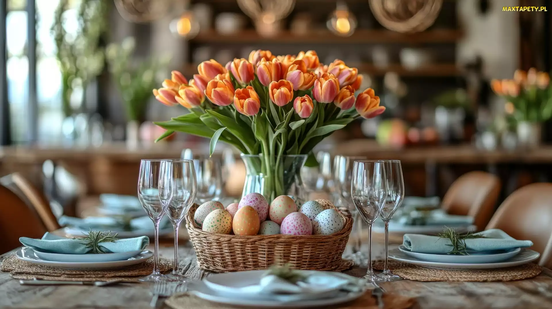 Pisanki, Koszyczek, Stół, Kieliszki, Tulipany, Wielkanoc, Wielkanocny