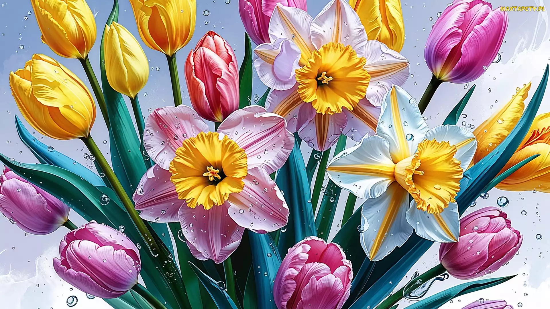 Grafika, Krople, Tulipany, Narcyzy, Kolorowe, Kwiaty