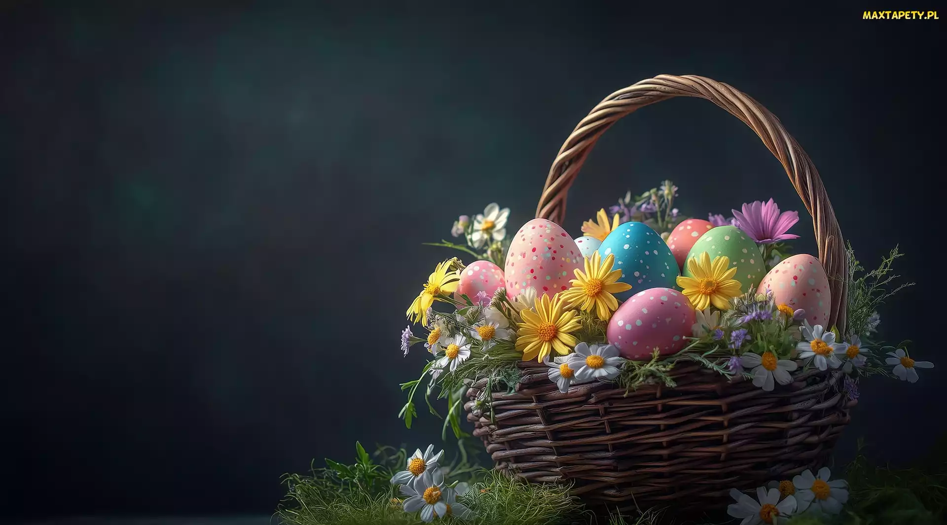 Grafika, Wielkanoc, Pisanki, Kolorowe, Koszyk, Kwiaty