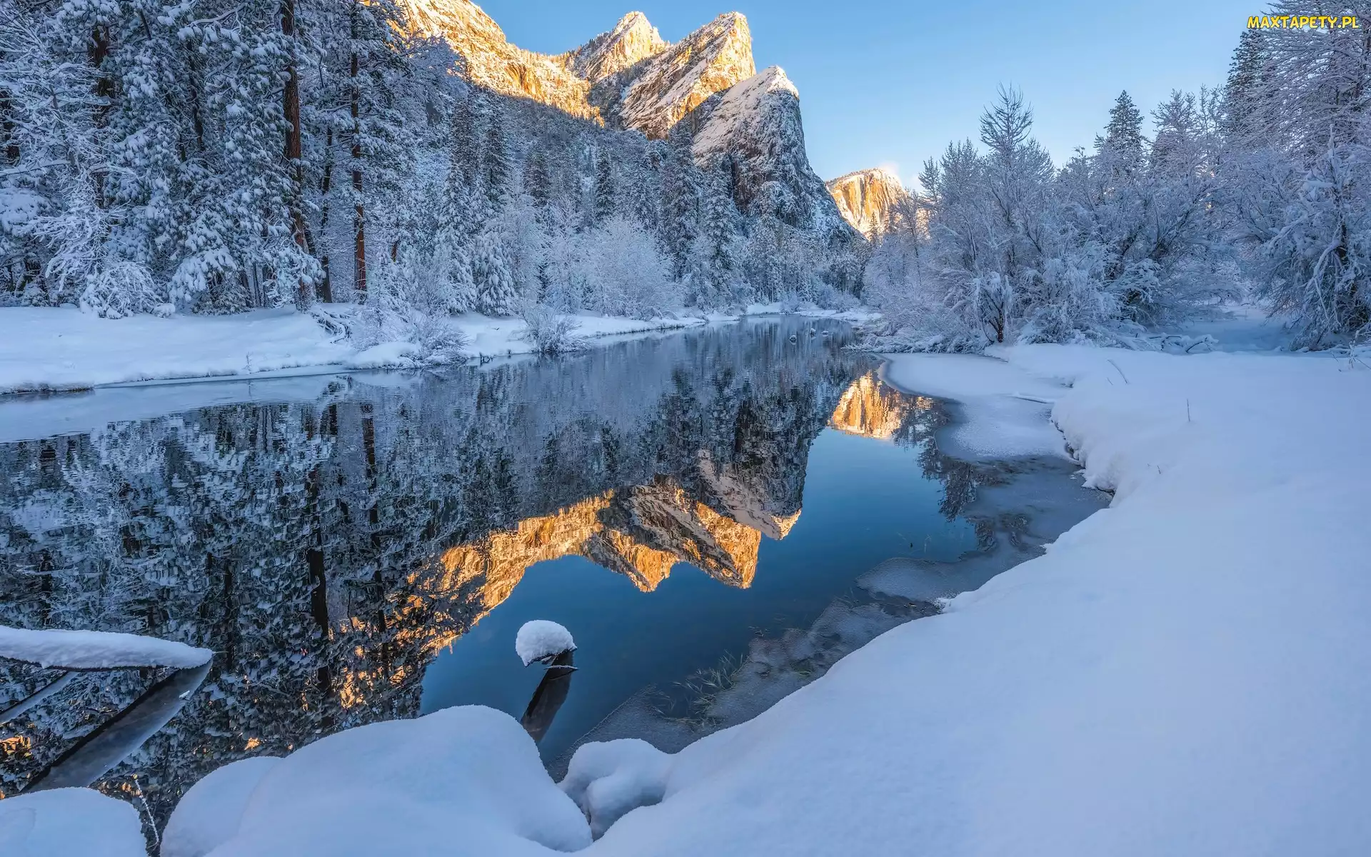 Kalifornia, Rzeka, Stany Zjednoczone, Góry, Zima, Park Narodowy Yosemite, Drzewa, Merced River