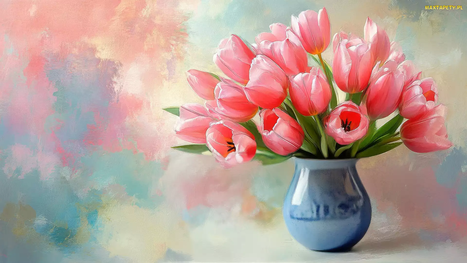 Grafika, Wazon, Różowe, Tulipany