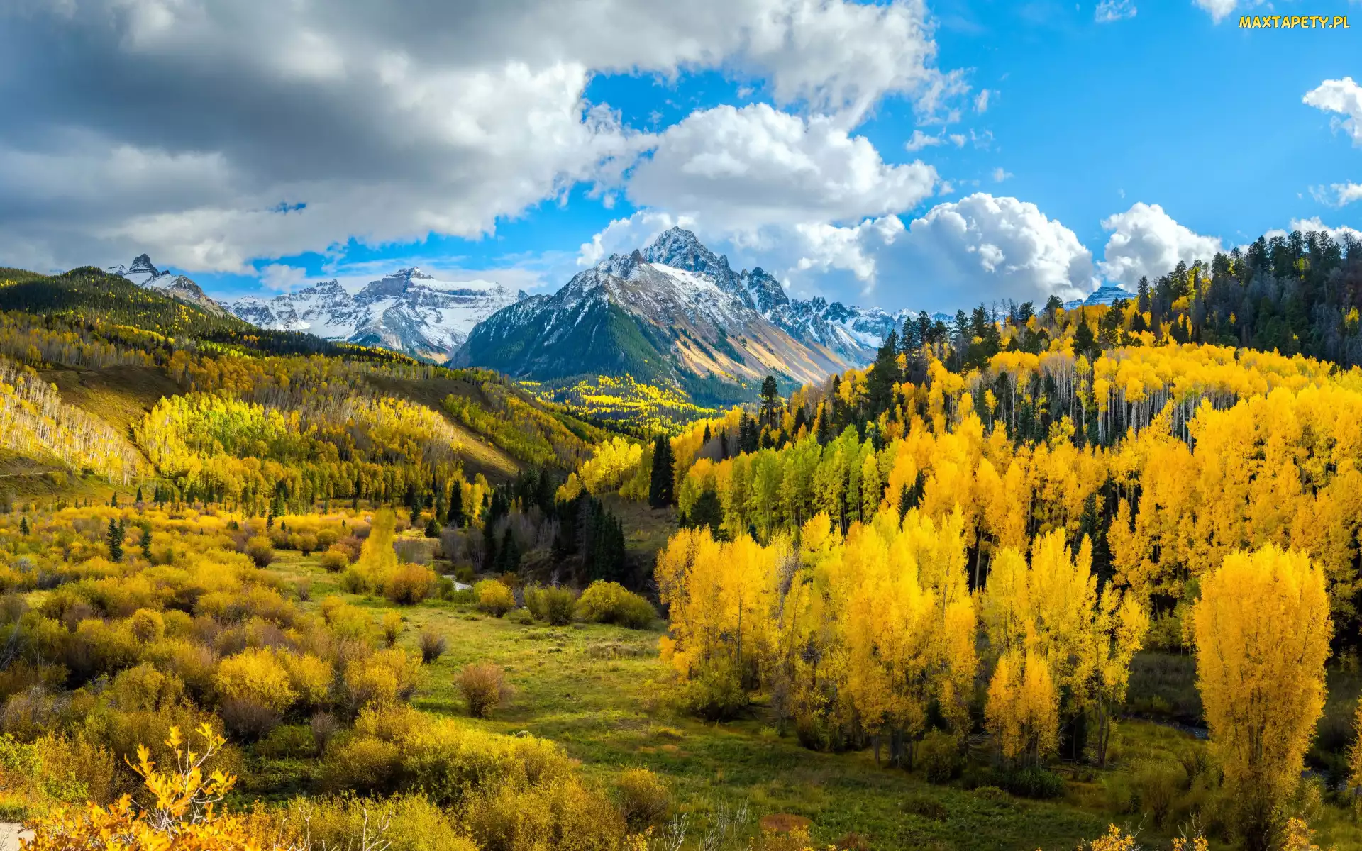 Stany Zjednoczone, Jesień, Lasy, Chmury, Drzewa, Góry Skaliste, Kolorado, Szczyt, Mount Sneffels