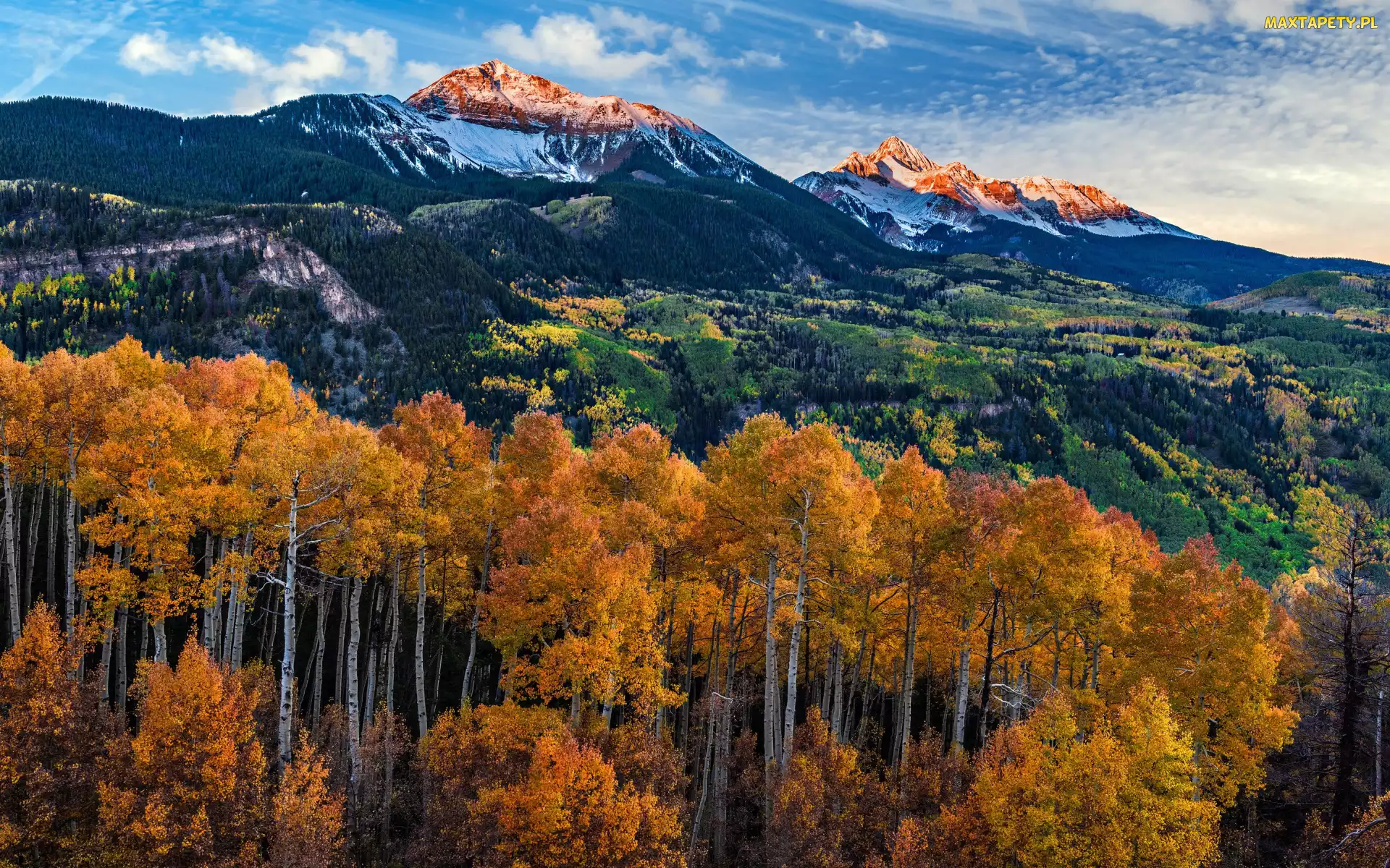 Kolorado, Niebo, Chmury, Stany Zjednoczone, San Juan Mountains, Jesień, Góry, San Miguel Range, Pożółkłe, Drzewa, Las, Topole osikowe