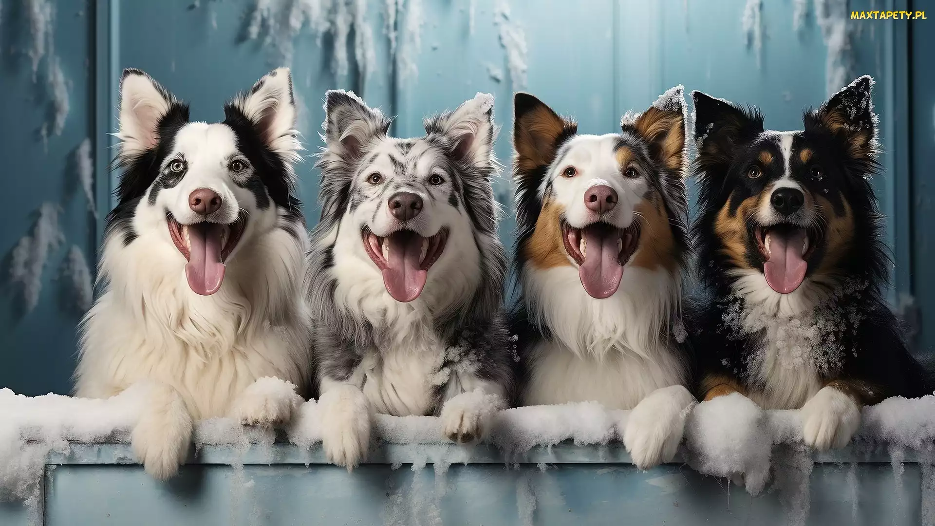 Śnieg, Zmarznięty, Psy, Cztery, Border collie, Jęzory