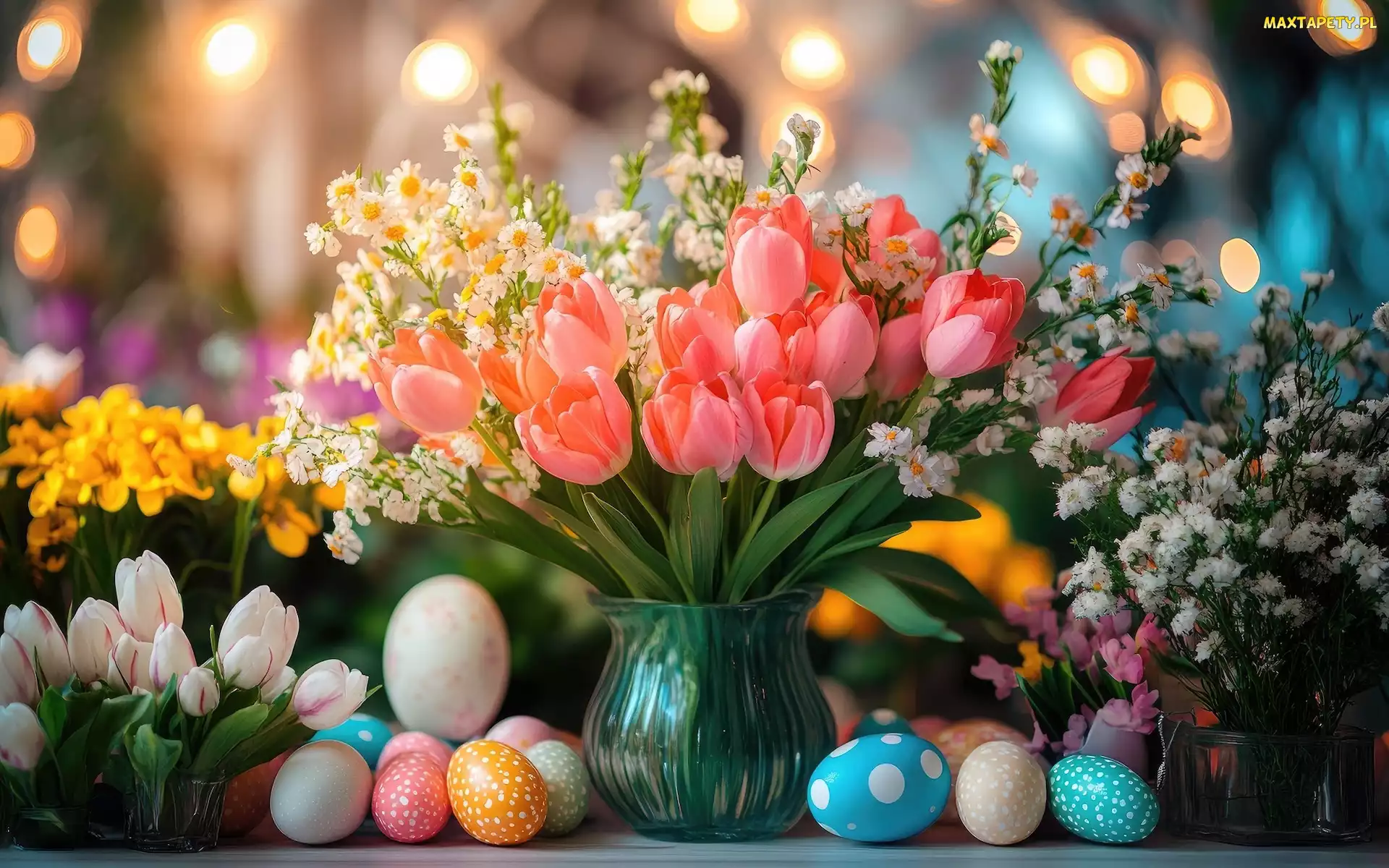 Tulipany, Wielkanoc, Pisanki, Wazon, Bukiet kwiatów