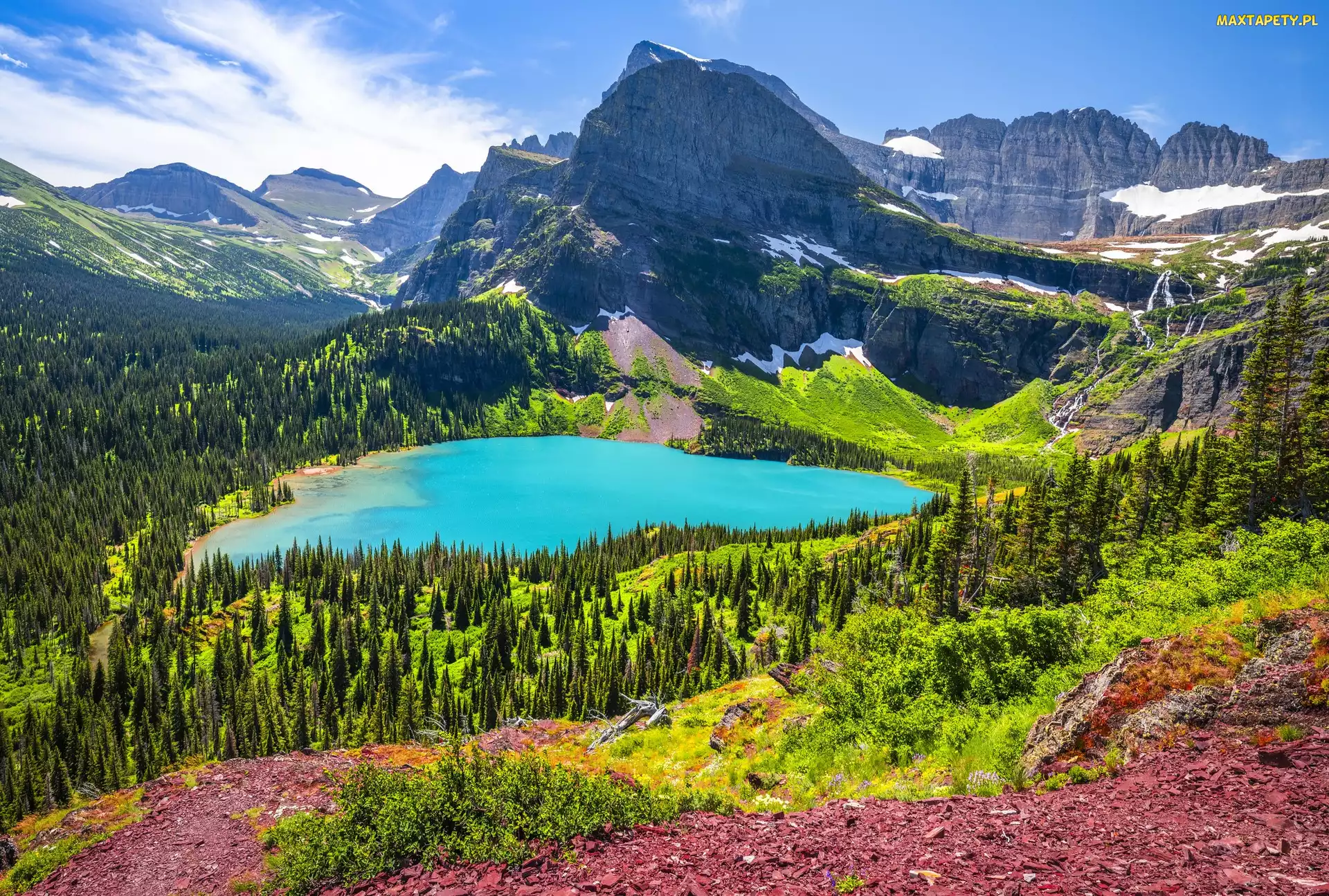 Jezioro, Lasy, Park Narodowy Glacier, Góry, Montana, Grinnell Lake, Stany Zjednoczone, Niebo