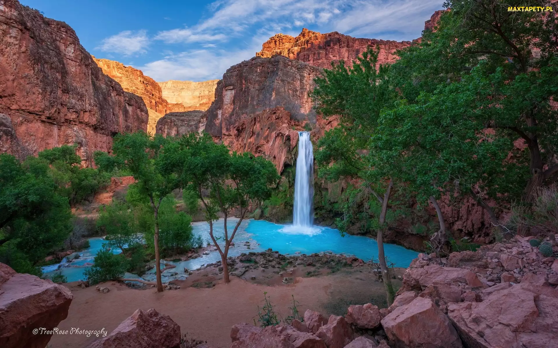 Arizona, Stany Zjednoczone, Wodospad, Góry, Kanion, Skały, Havasu Falls, Drzewa, Park Narodowy Wielkiego Kanionu, Rzeka, Havasu Creek