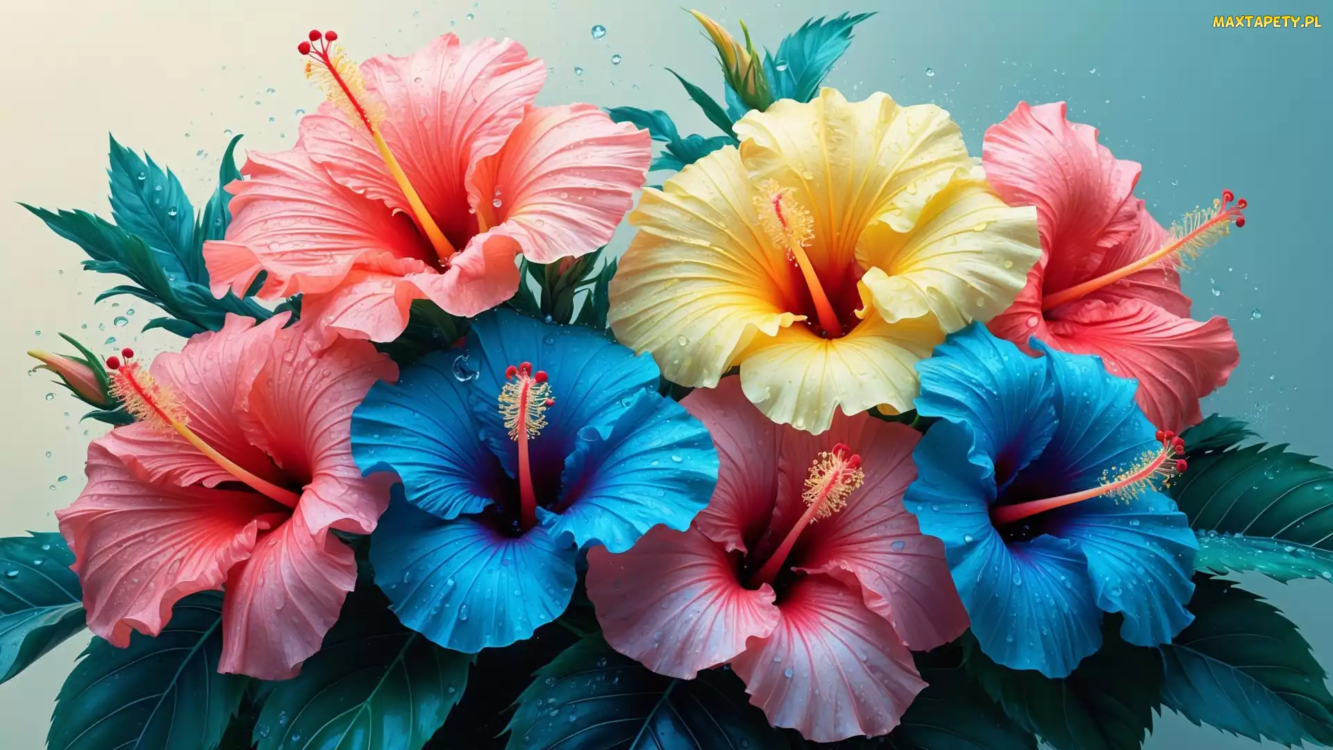 Hibiskusy, Żółty, Kwiaty, Niebieskie, Krople, Różowe, Grafika, Liście
