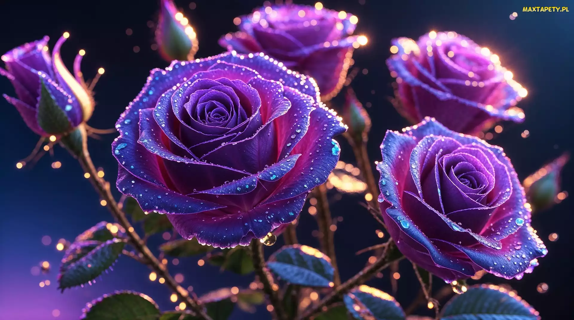 Purpurowe, Grafika, Krople, Kwiaty, Róże