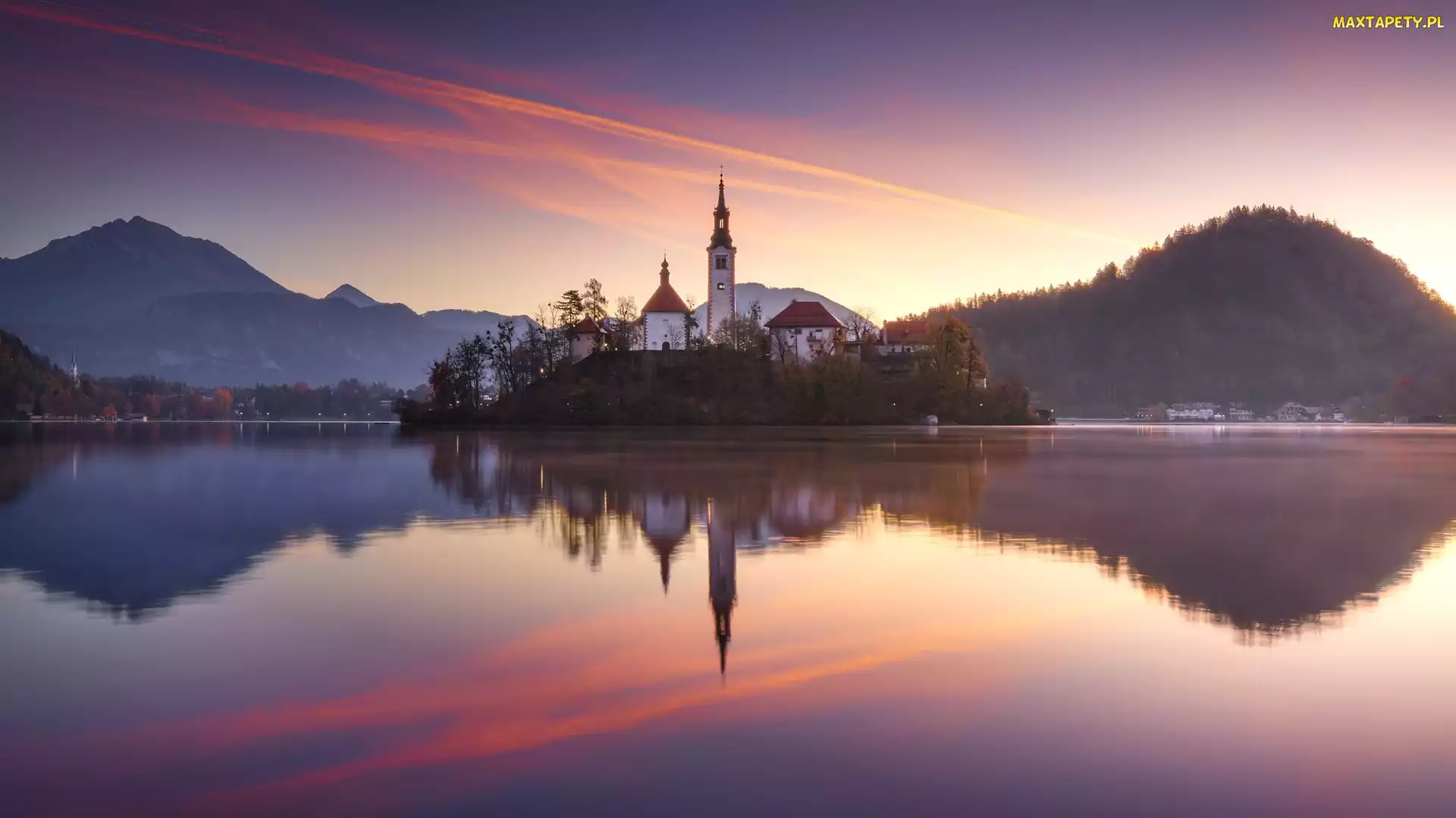 Odbicie, Kościół, Wyspa Bled, Słowenia, Jezioro Bled, Góry