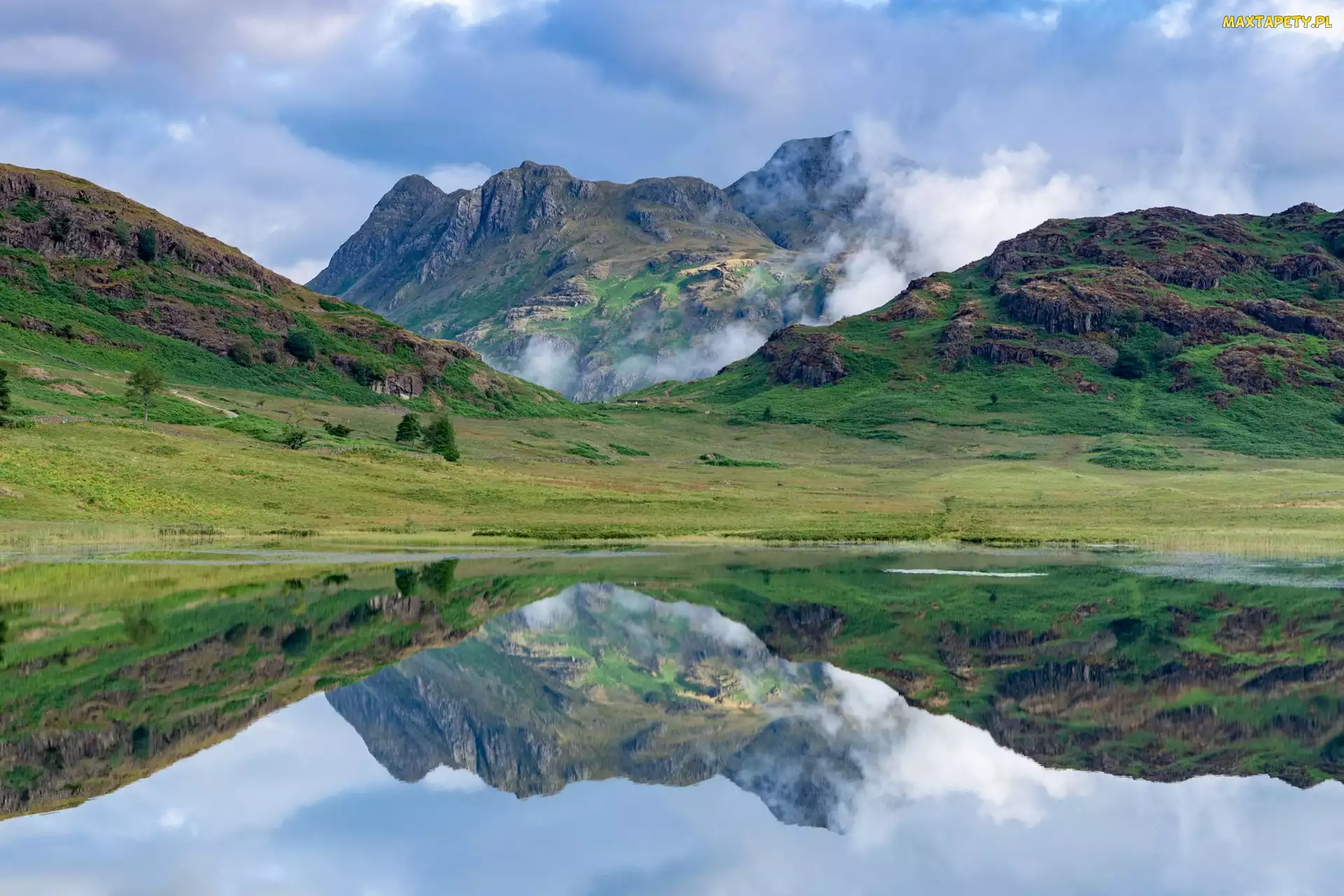 Anglia, Niebo, Odbicie, Park Narodowy Lake District, Góry, Elter Water Lake, Langdale Pikes, Szczyty, Jezioro, Mgła