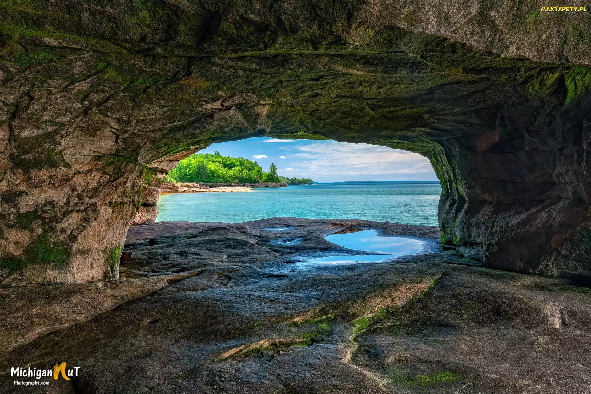 Lake Superior, Skały, Michigan, Drzewa, Łuk, Stany Zjednoczone, Jaskinia