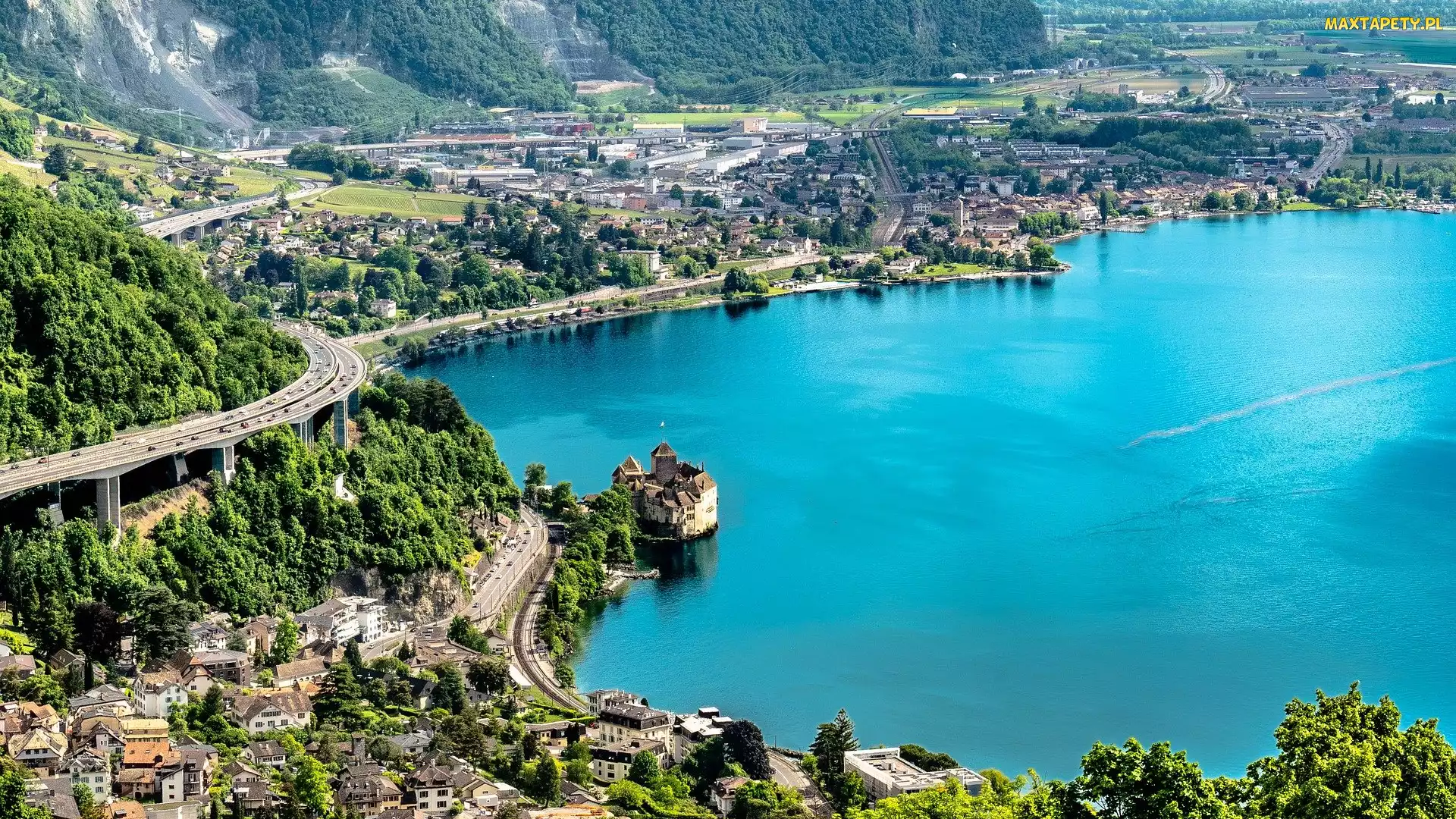 Zamek Chillon, Z lotu ptaka, Szwajcaria, Montreux, Jezioro Genewskie