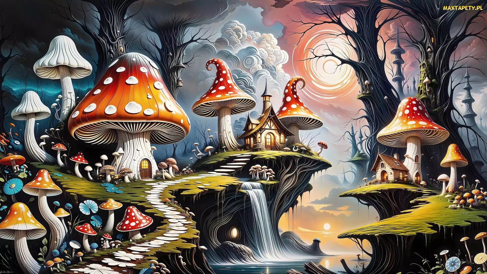 Las, Wodospad, Fantasy, Drzewa, Ścieżka, Grzyby, Fantasy, Chmury