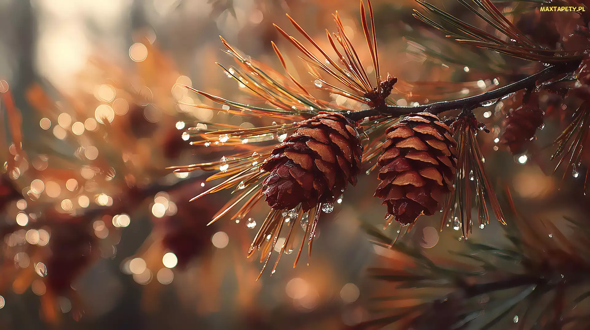 Grafika AI, Bokeh, Sosna, Szyszki, Krople, Deszczu