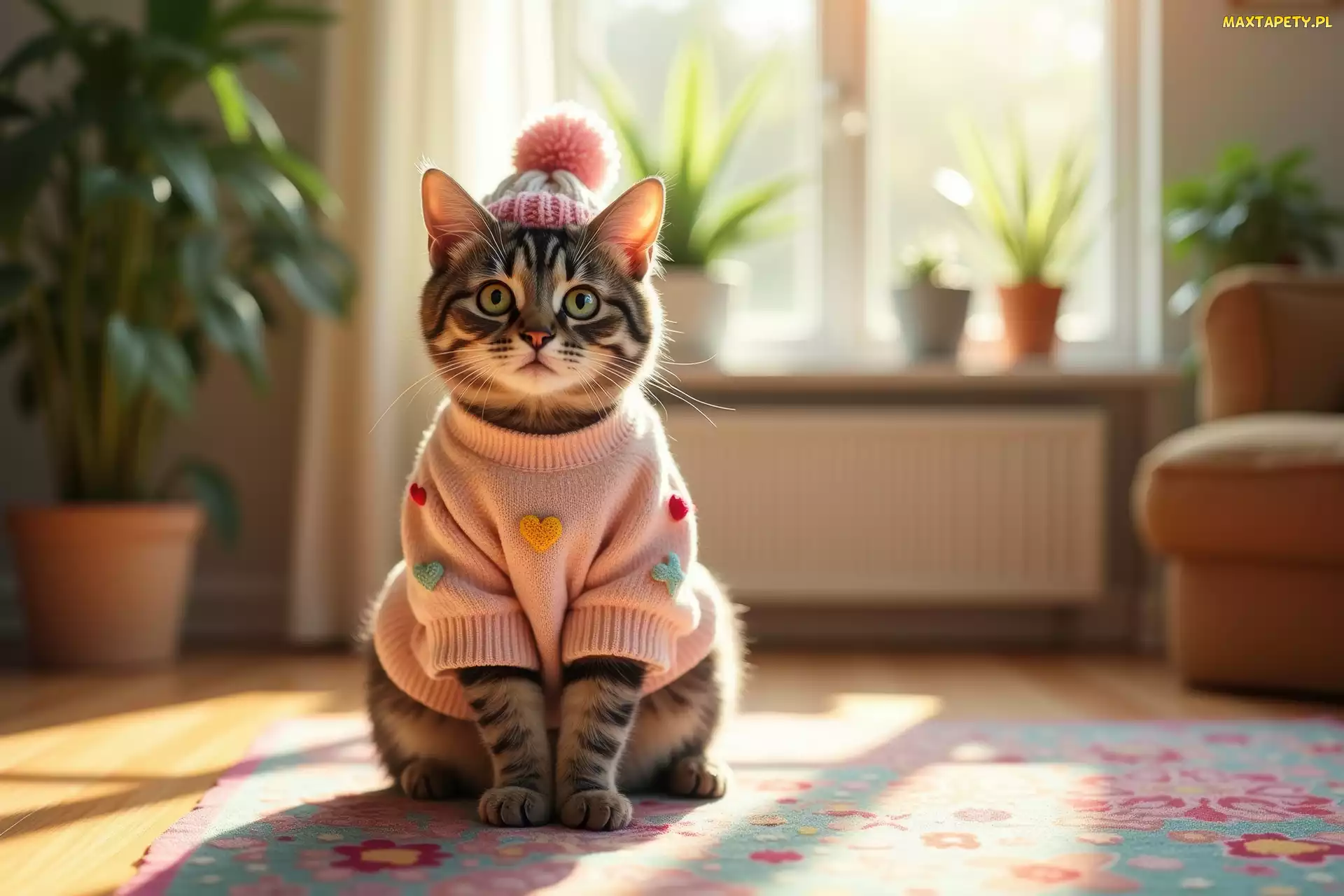 Kot, Grafika AI, Sweter, Czapka, Bury