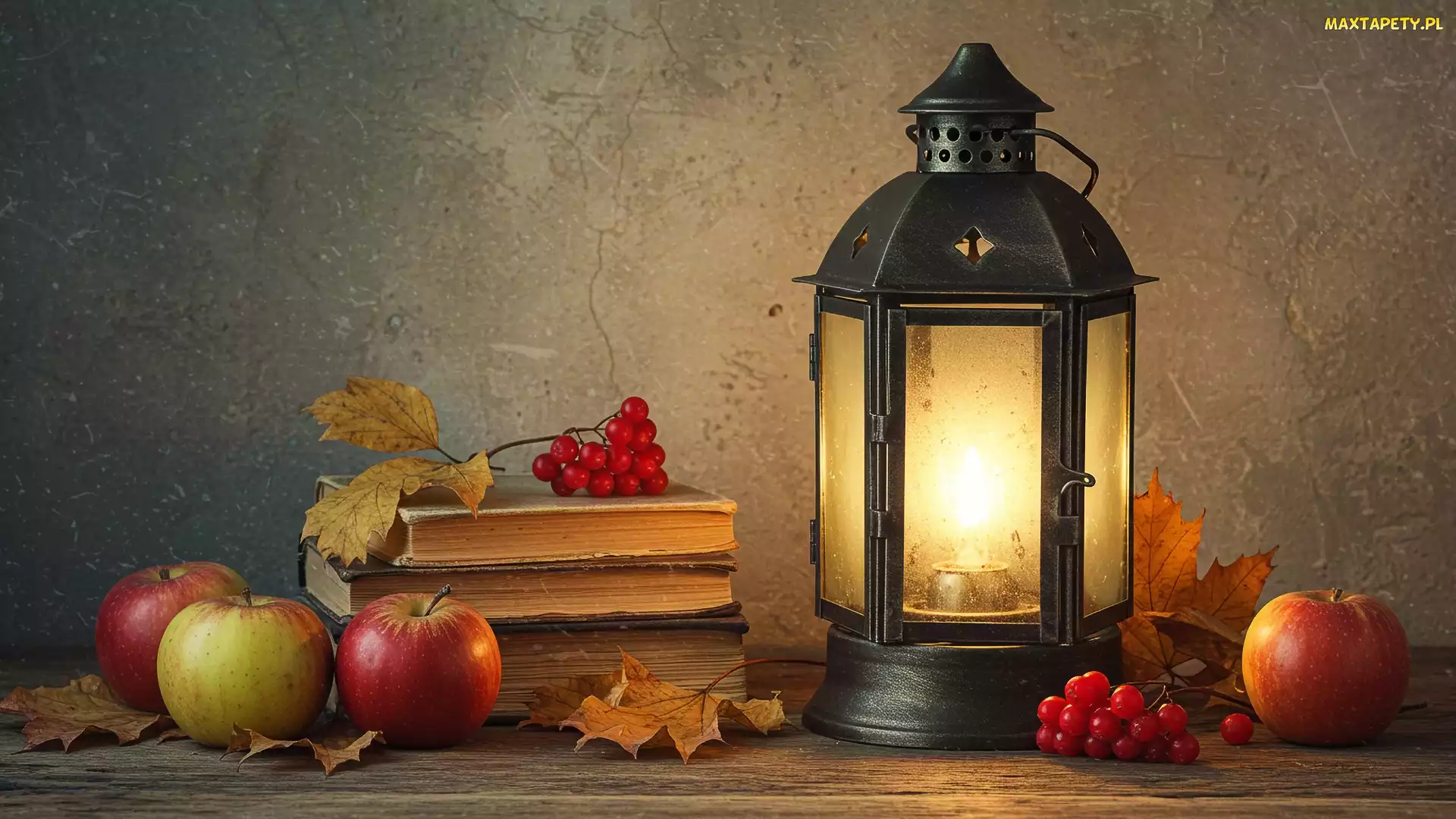 Lampion, Czerwone, Kompozycja, Jabłka, Pożółkłe, Książki, Liście, Jagody