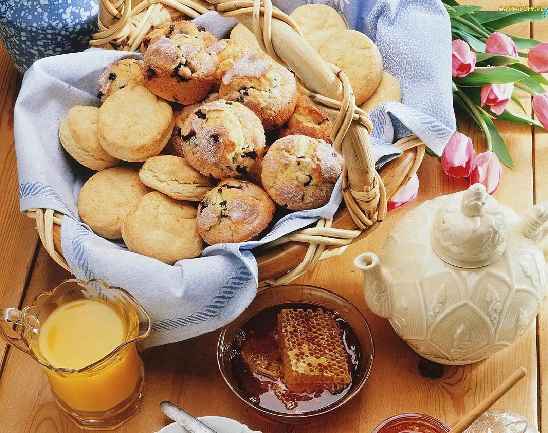 Koszyk, Napój, Tulipany, Różowe, Ciasteczka
