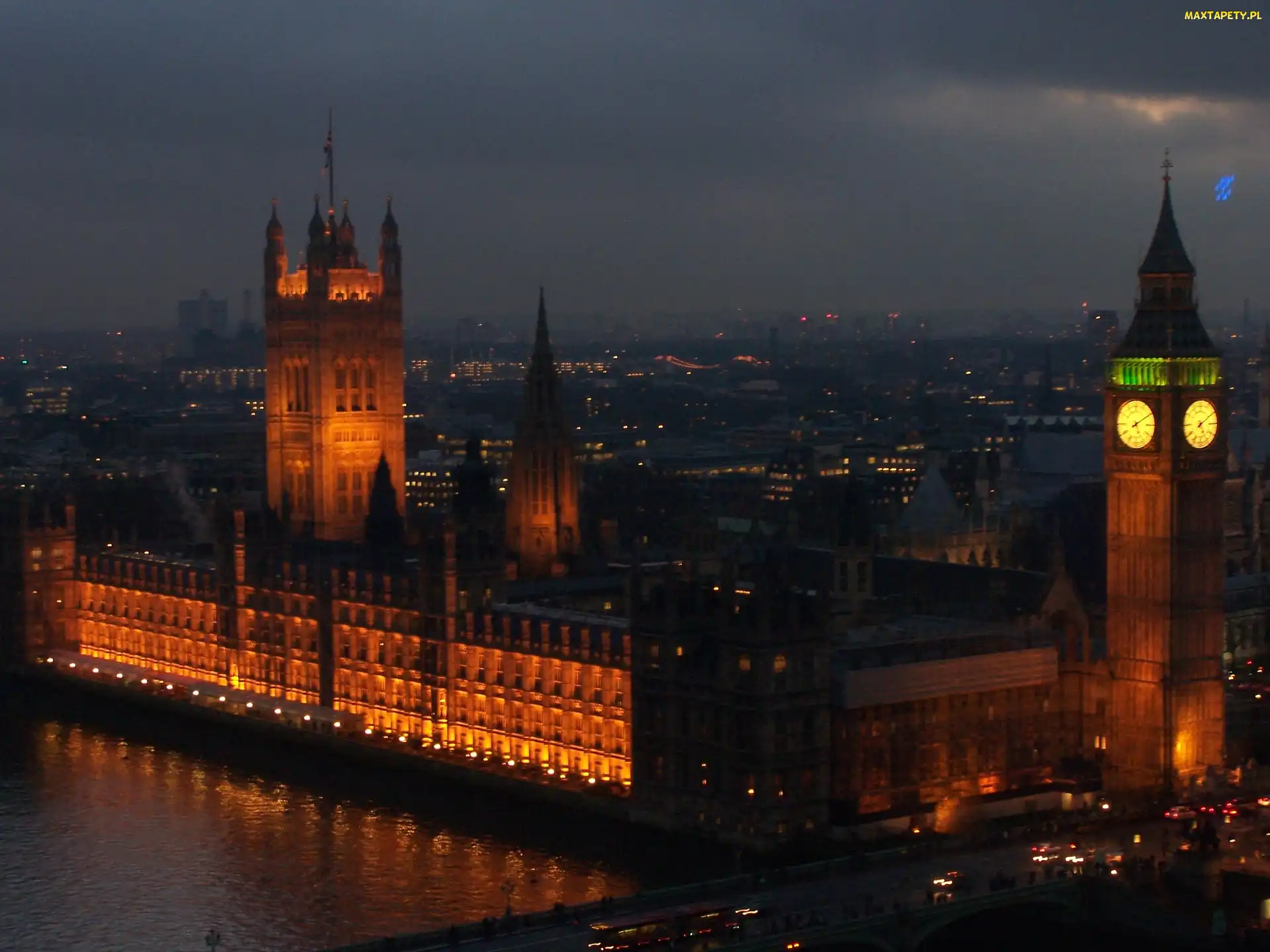 Nocą, Londyn, Westminsterski, Pałac, Big Ben