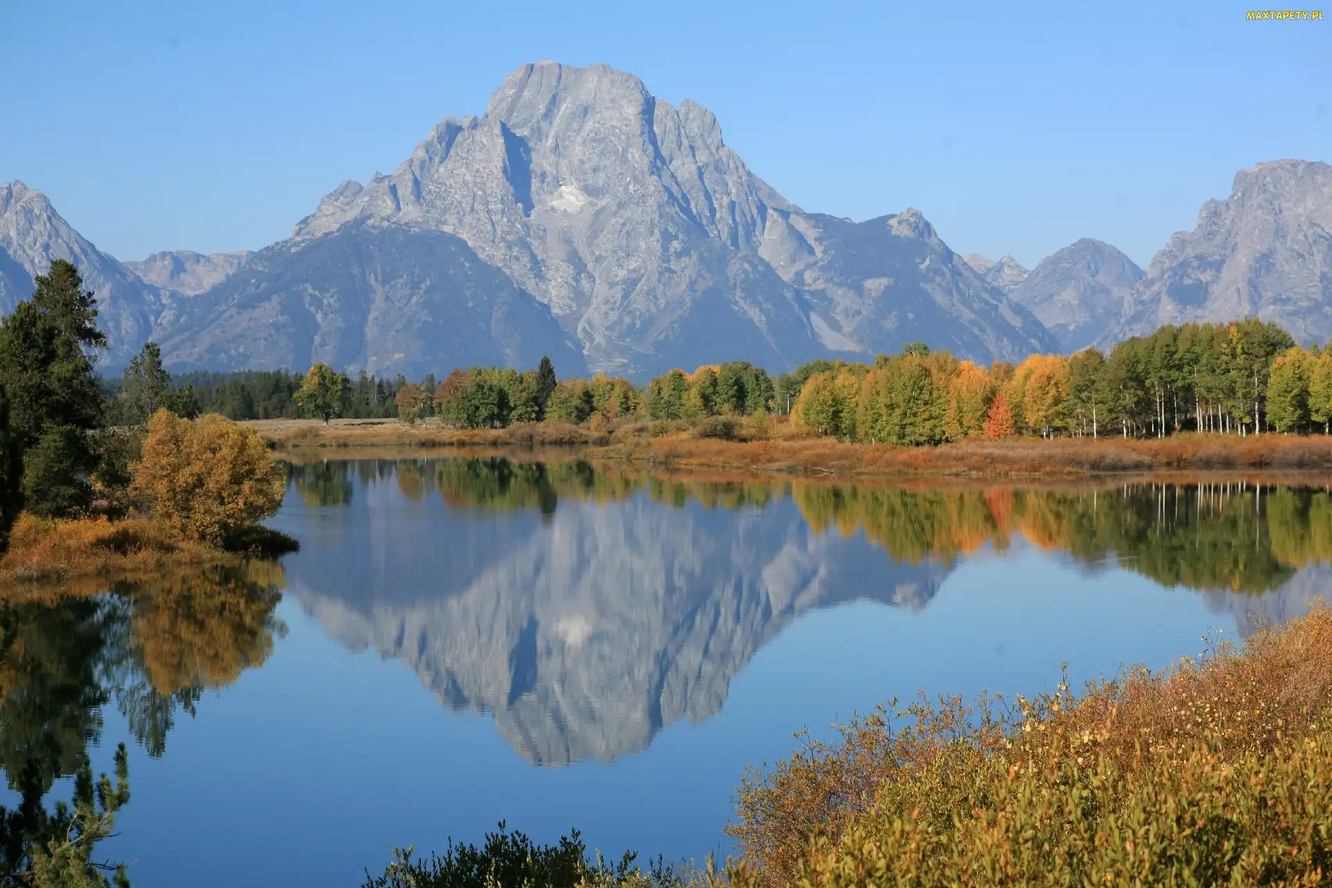 Stan Wyoming, Góry Mount Moran, Rzeka Snake River, Park Narodowy Grand Teton, Stany Zjednoczone
