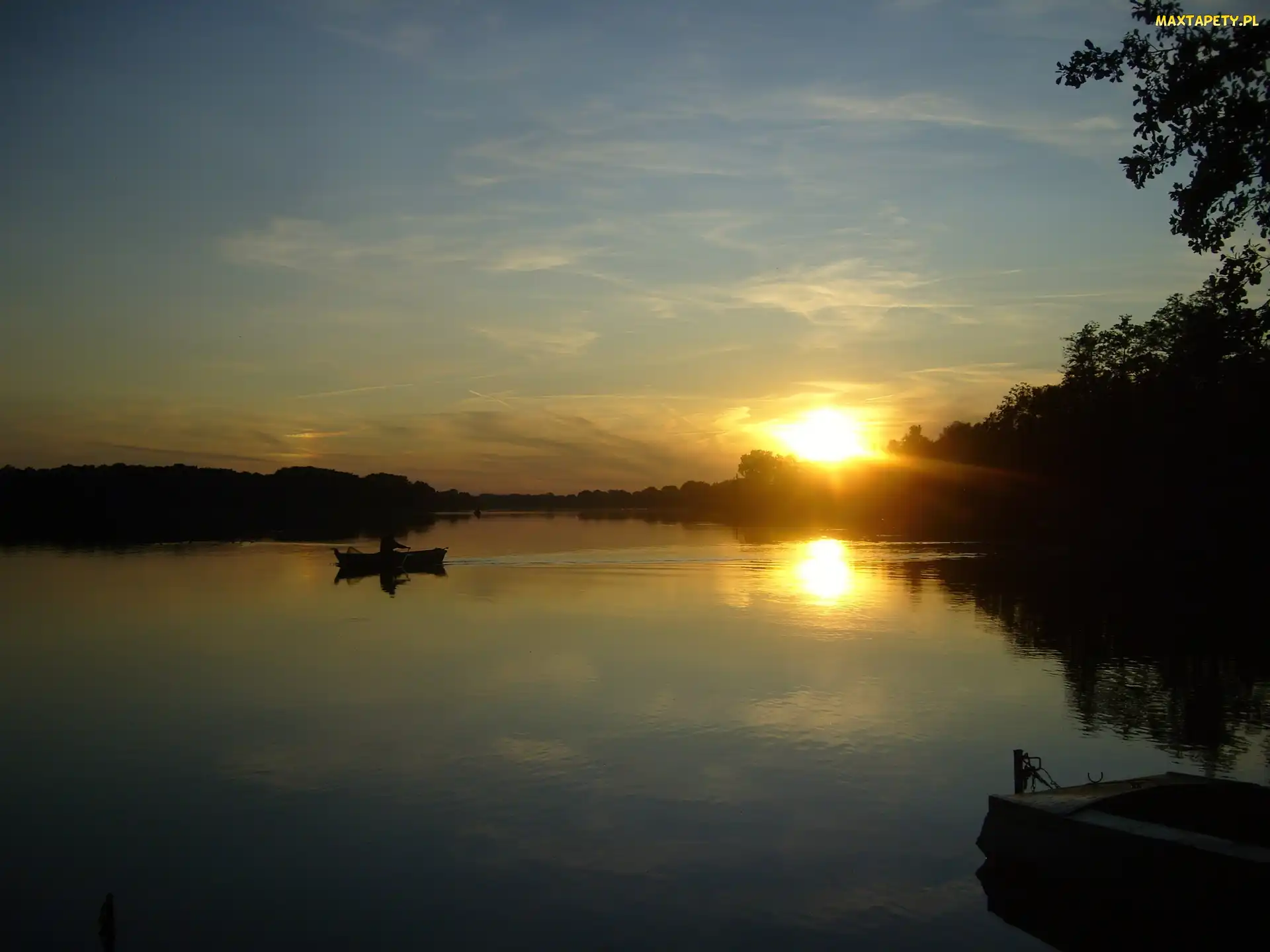 Jezioro, Wędkarz, Słońca, Zachód