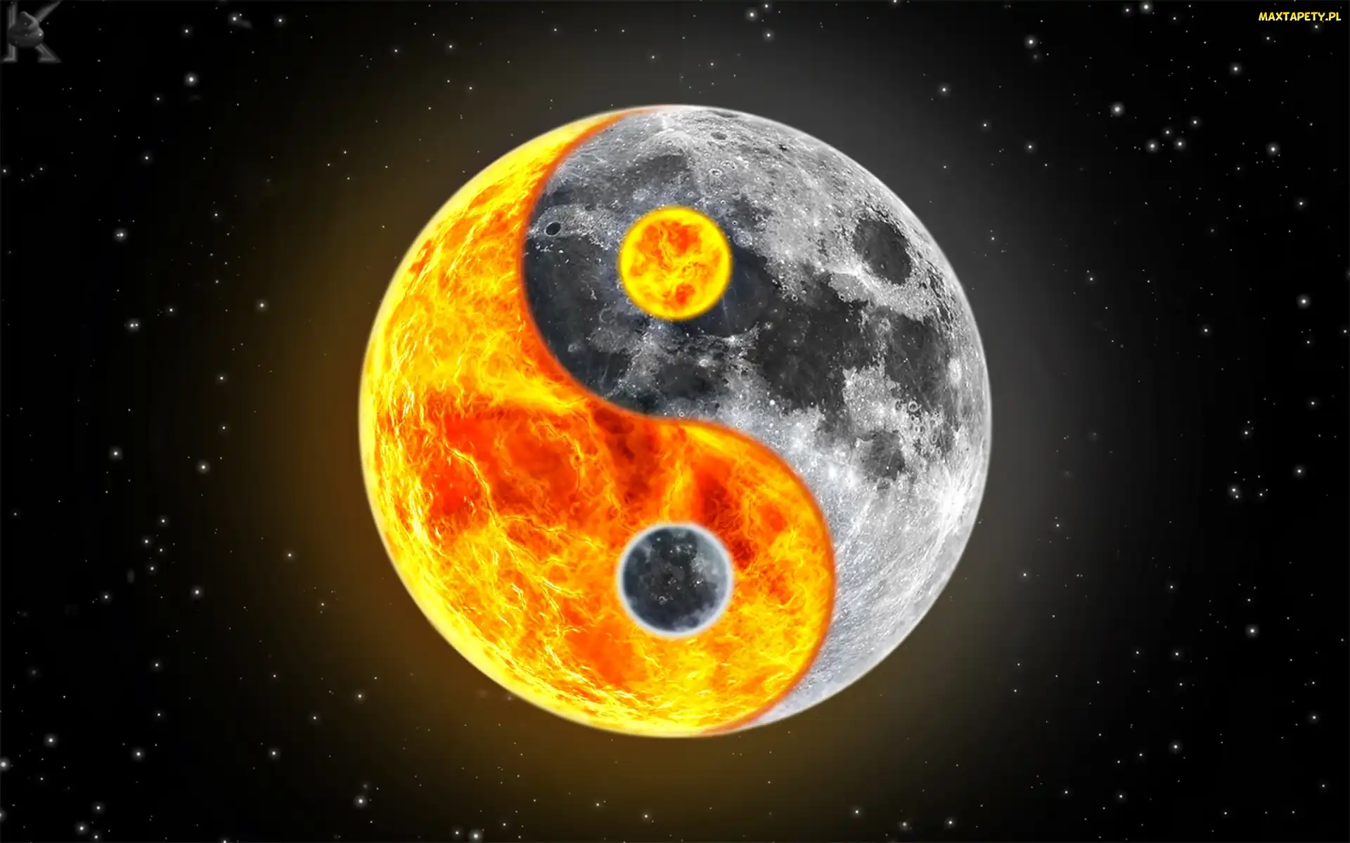 Ogień, Grafika, Gwiazdy, Ziemia, Ying-Yang