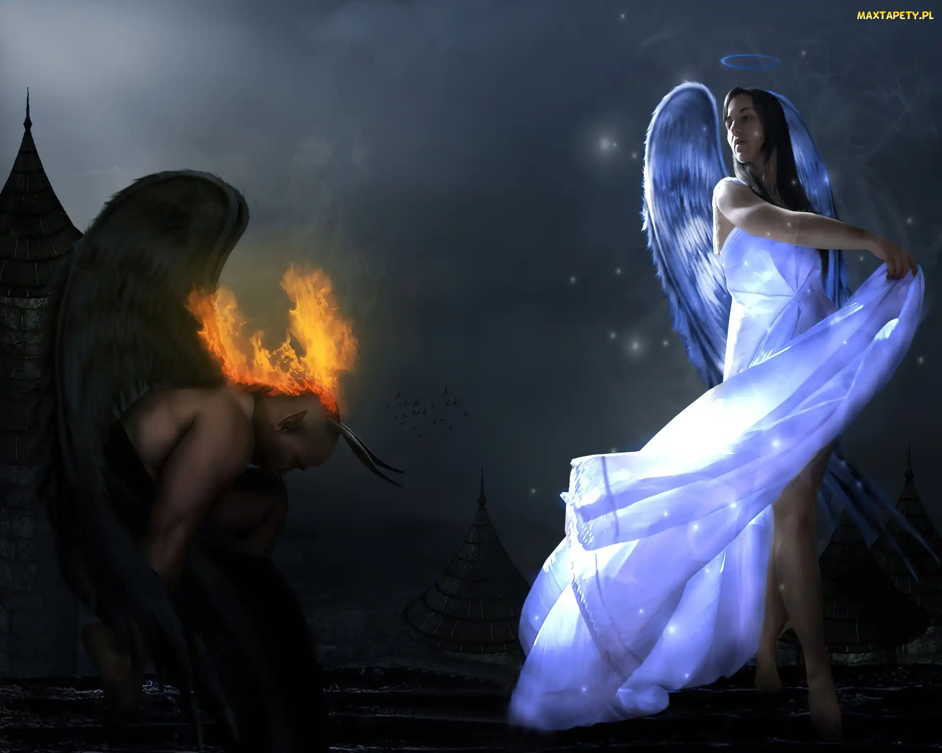 Anioł Za Dnia Diablica W Nocy Tapety, zdjęcia - Anioł, Płomienie, Diabeł