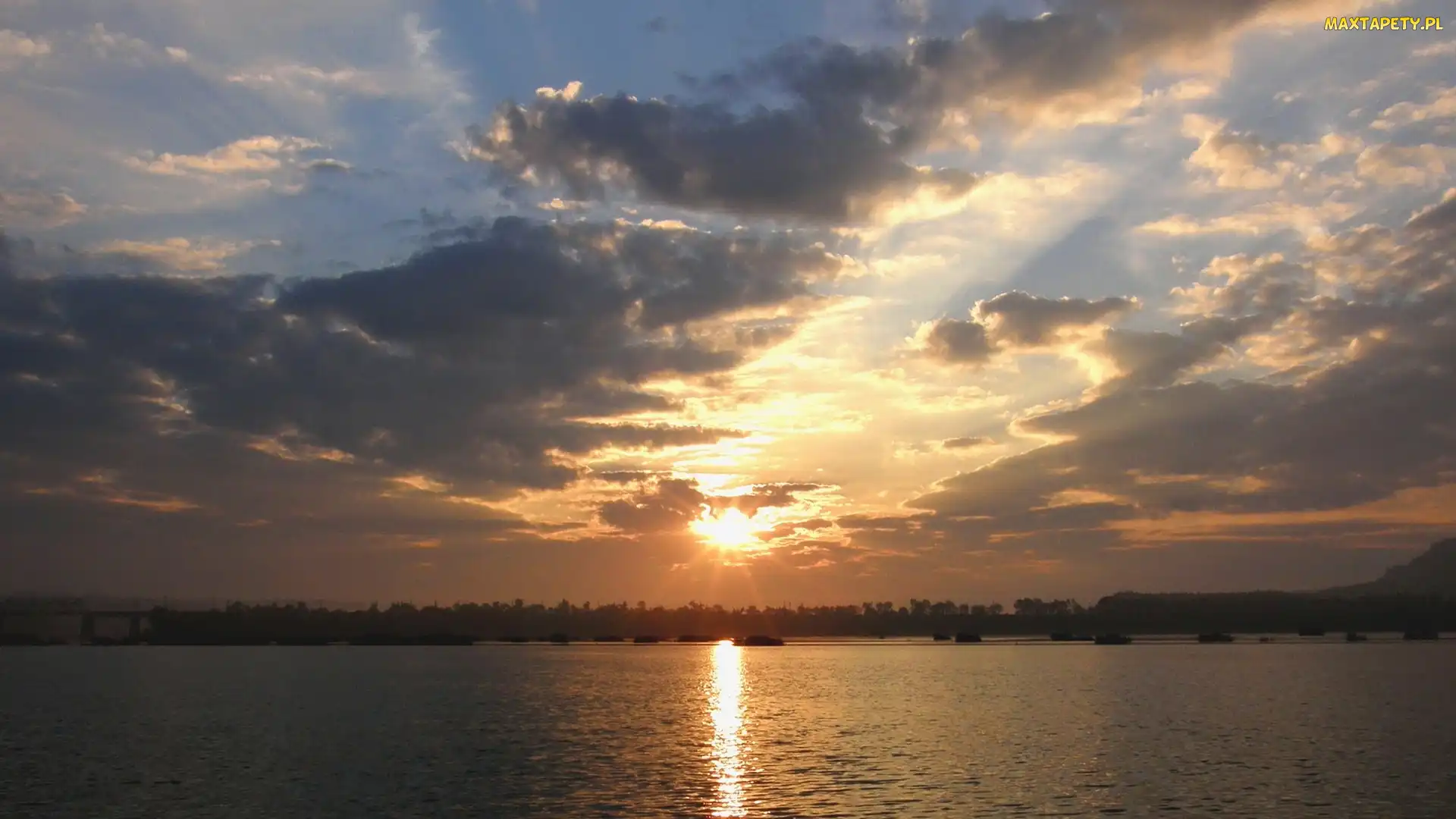 Słońca, Chmury, Ciemne, Jezioro, Zachód