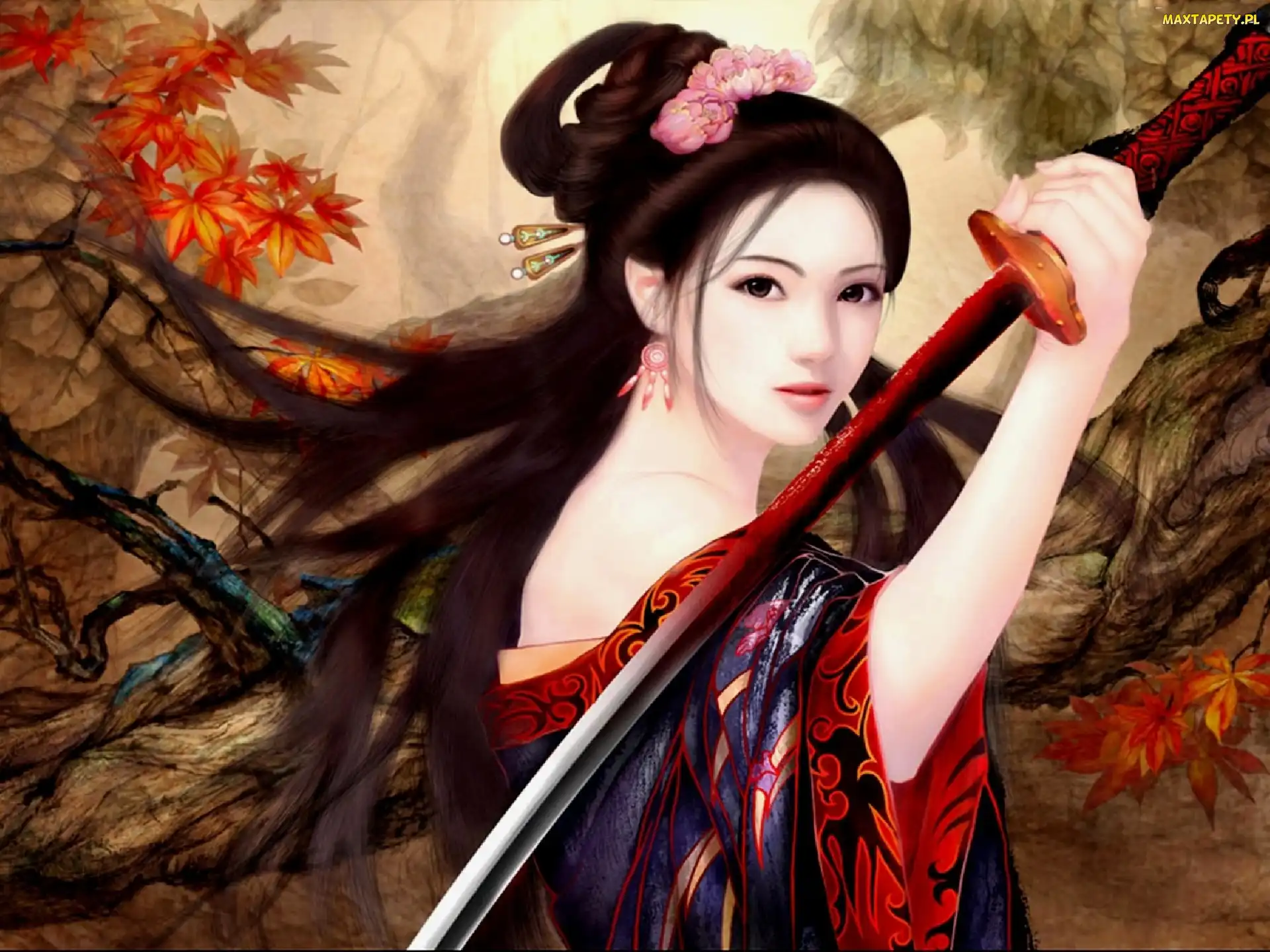 Liście, Miecz, Dziewczyna, Kimono