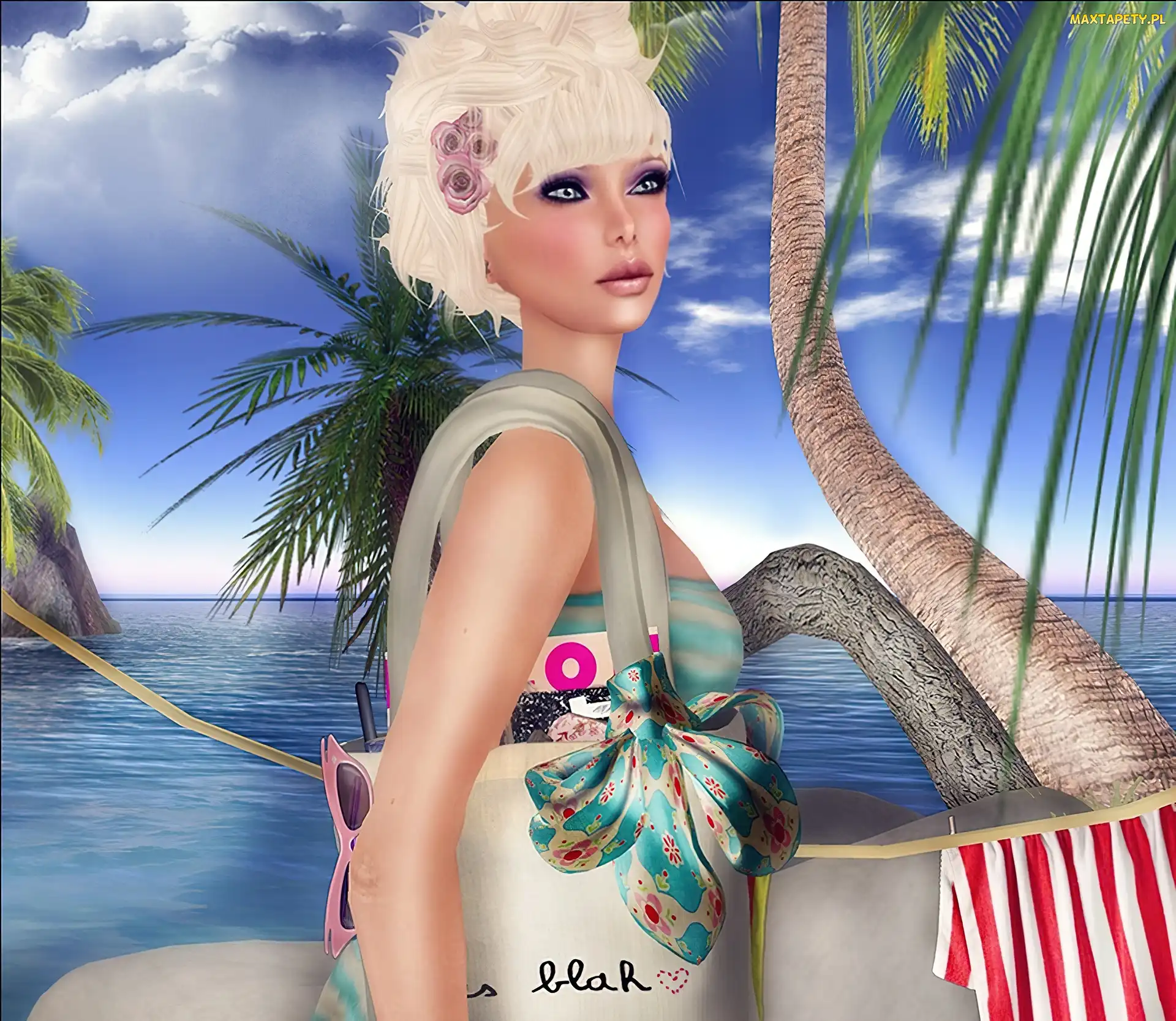 Kobieta, Grafika, Plaża, Blondynka