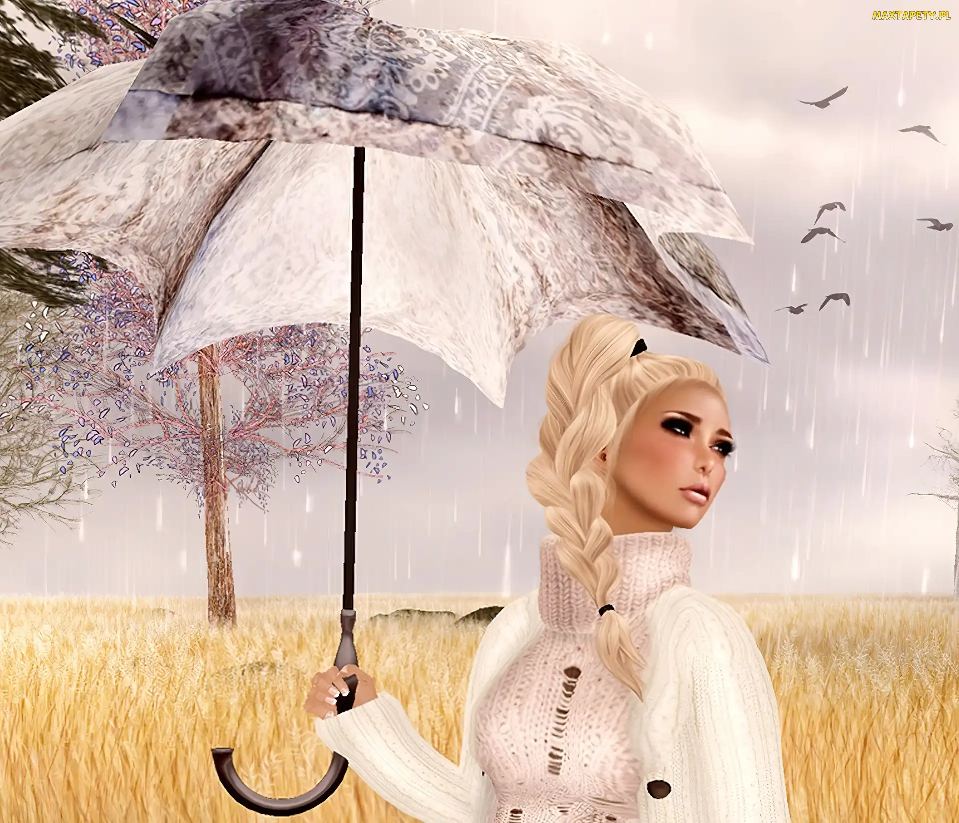 Grafika 2D, Deszcz, Kobieta, Parasol