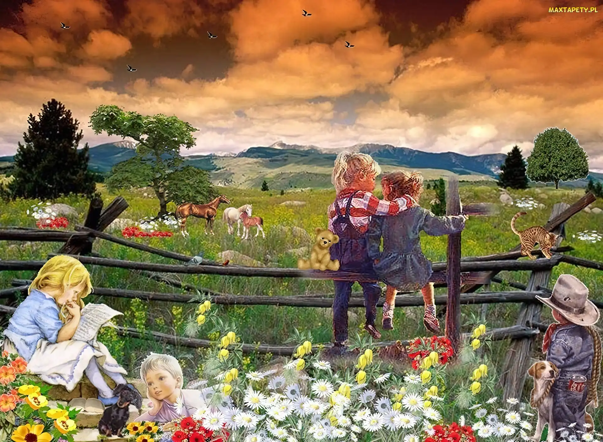 Dzieci, Obraz, Kwiaty, Zwierzęta, Łąka