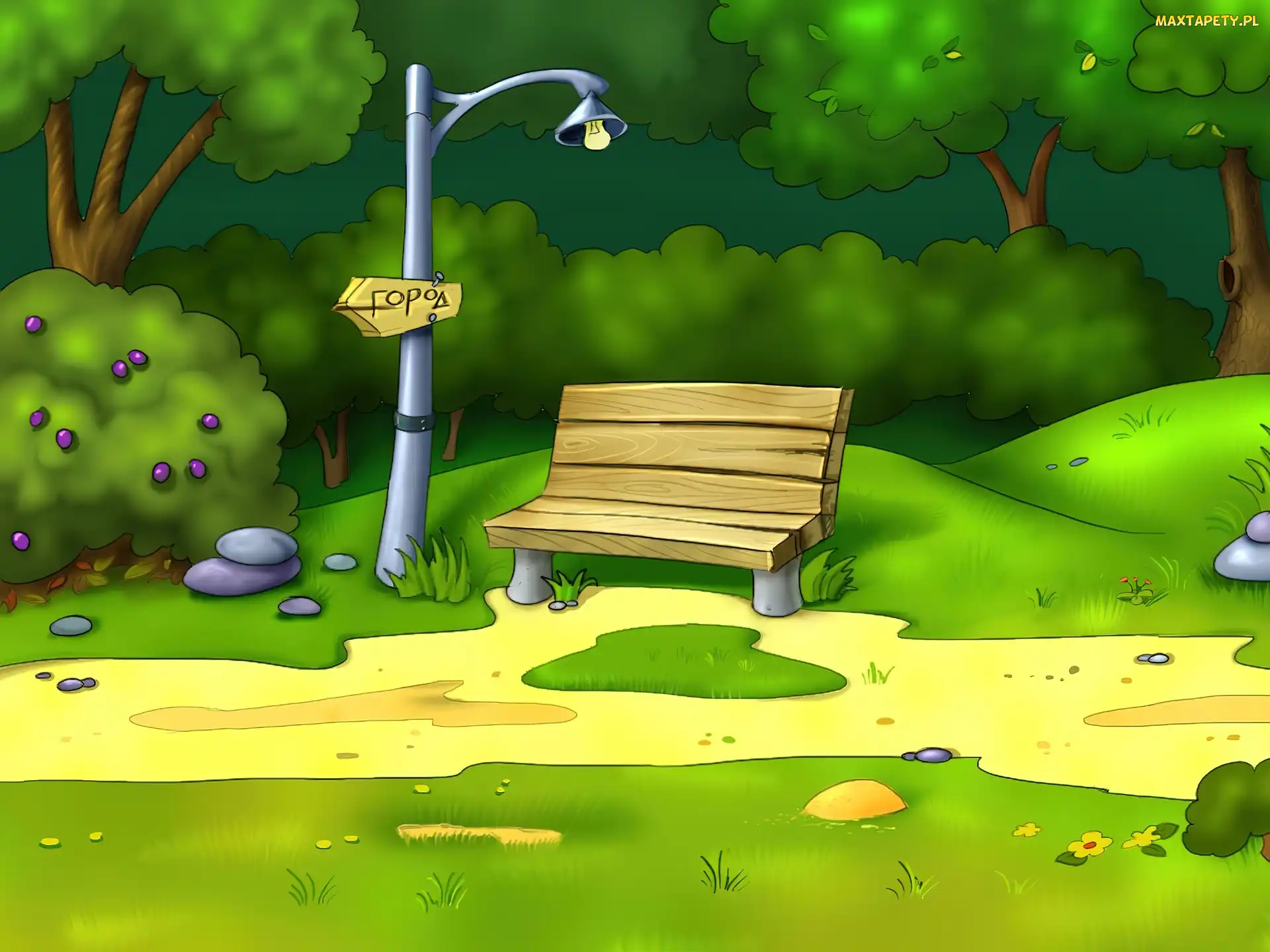 Park, Grafika, Drogowskaz, Ławeczka