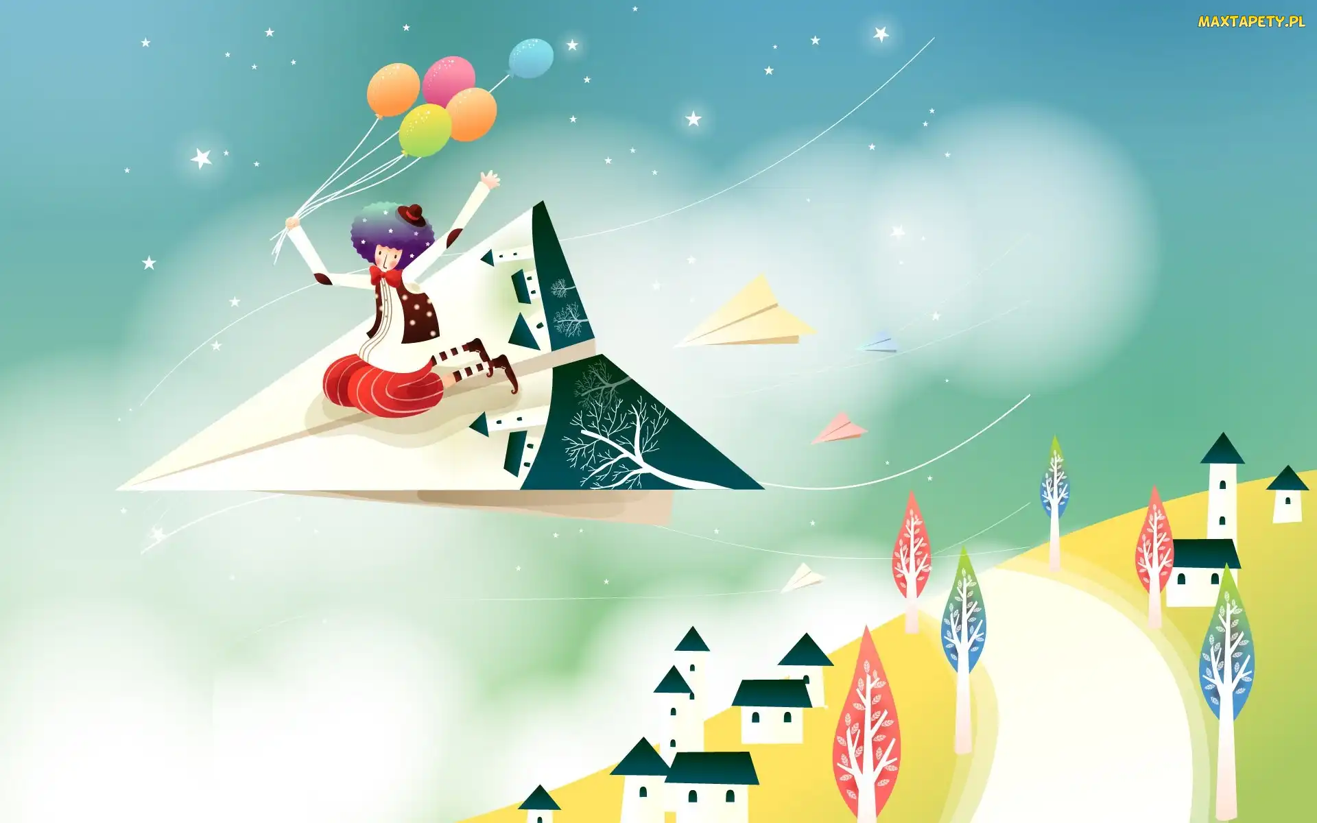 Fantasy, Balony, Lot, Pajacyk, Papierowy, Samolot