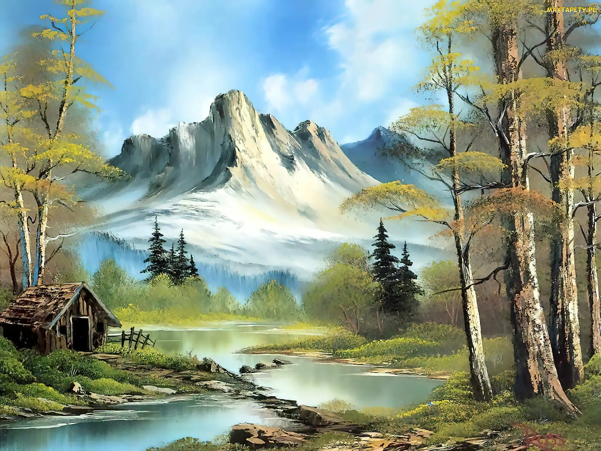 Rzeka, Bob Ross, Góry, Chatka, Krajobraz