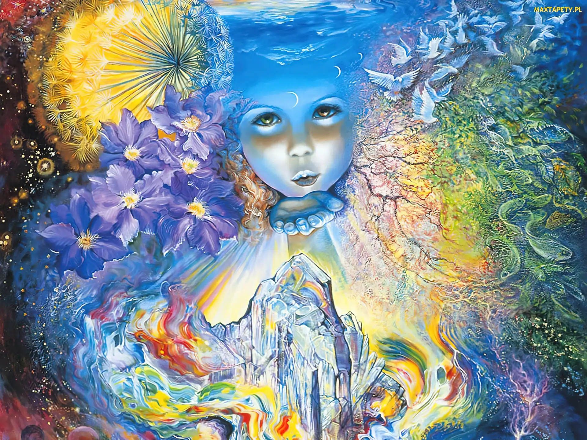 Dziewczynka, Josephine Wall, Buziak, Kwiaty, Dłoń