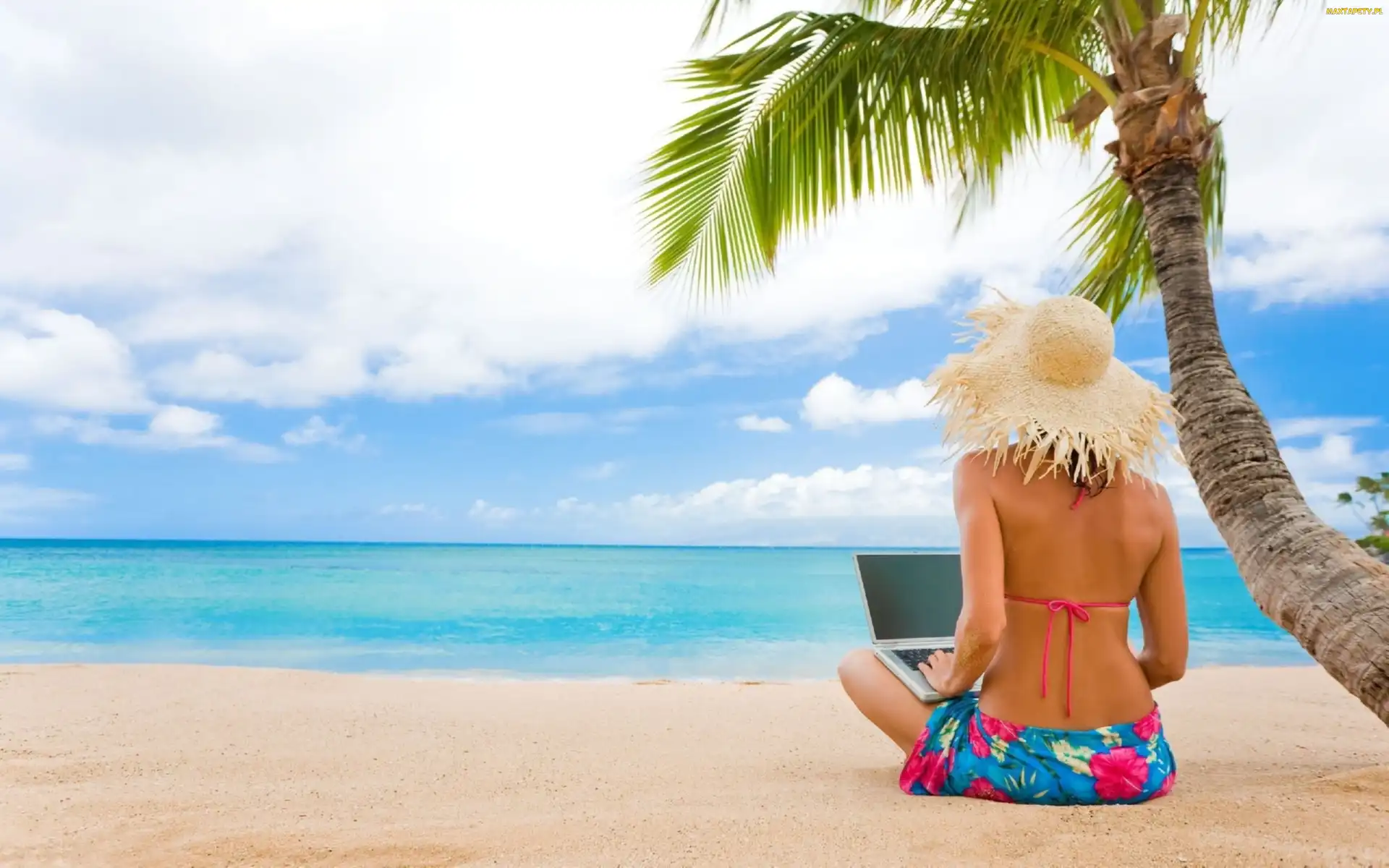Laptop, Kobieta, Plaża, Lato