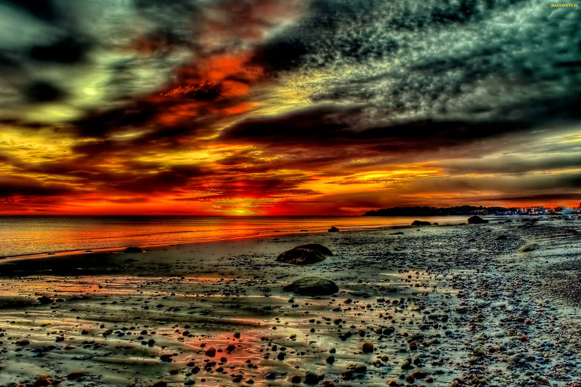 Morze, Słońca, Zachód, Plaża, Chmury