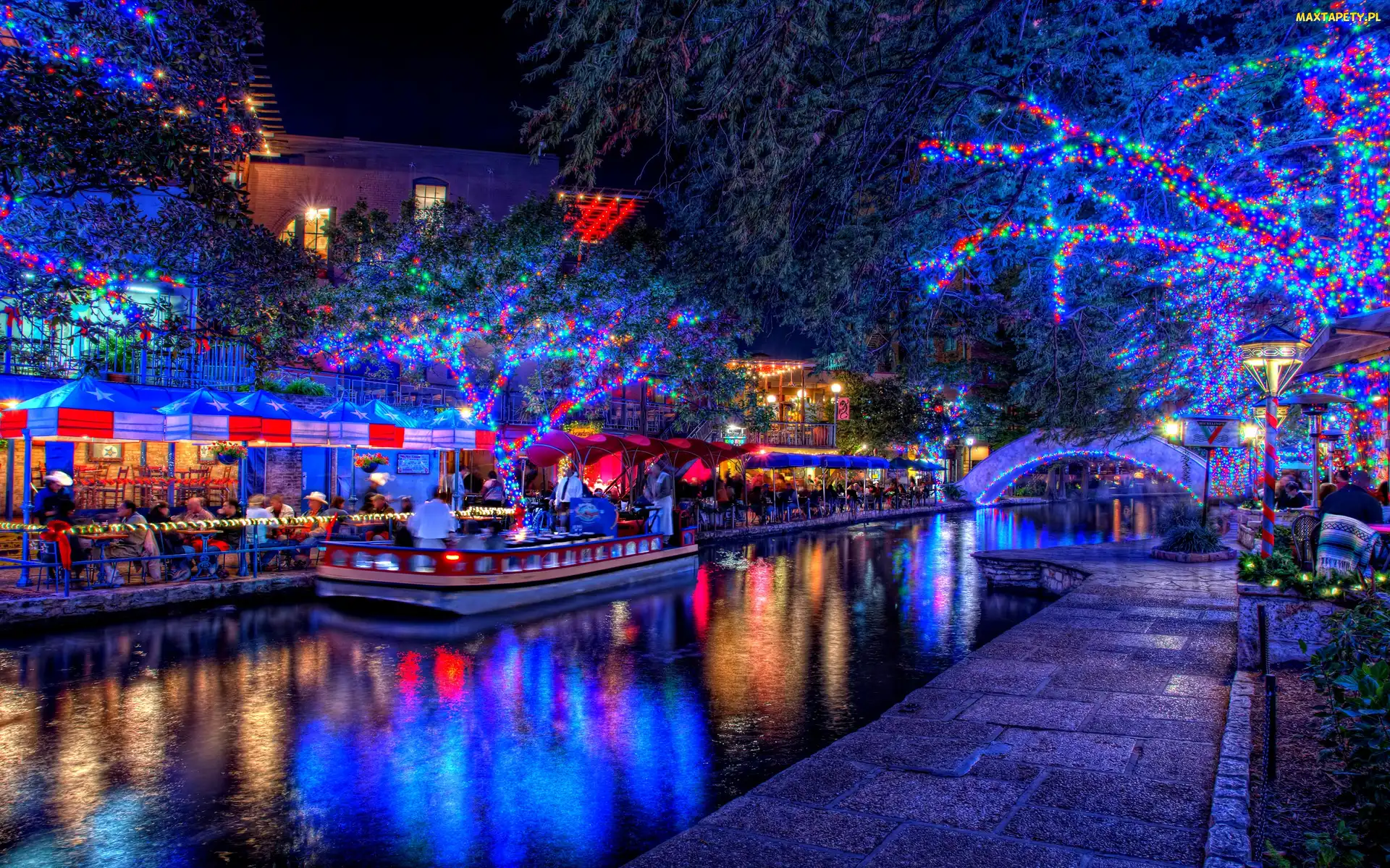 Stany Zjednoczone, San Antonio, San Antonio River Walk, Teksas, Domy, Lampki, Rzeka, River Walk, Kolorowe, Park