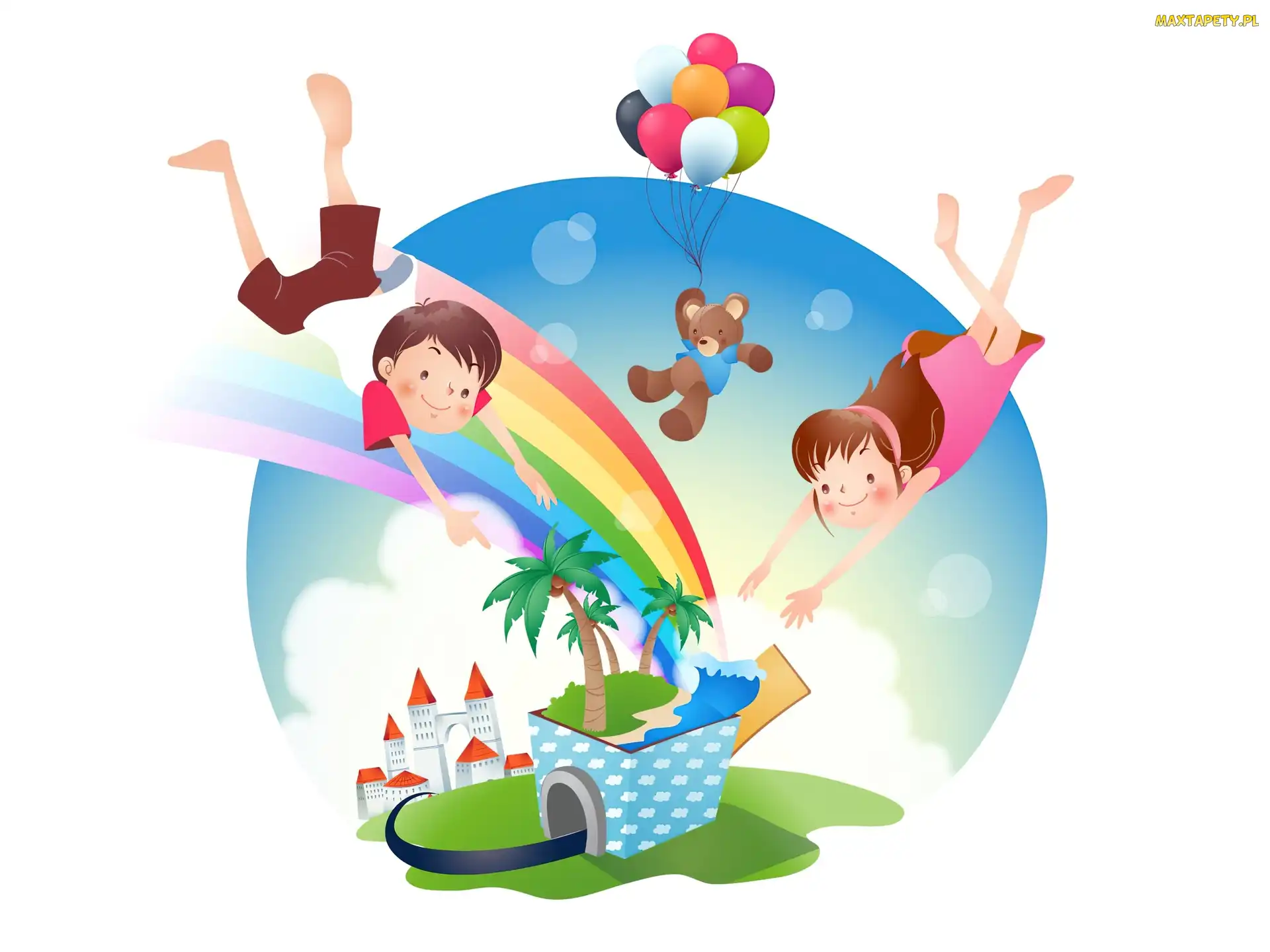 Balony, Miś, Dzieci, Tęcza