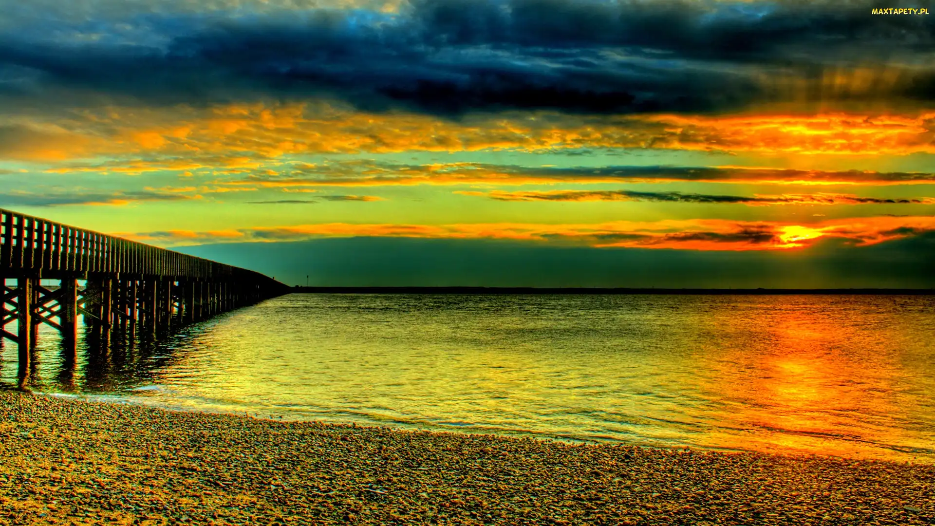 Molo, Słońca, Kamienista, Morze, Plaża, Zachód