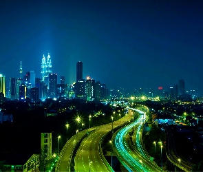 Drapacze Chmur, Kuala Lumpur, Nocna, Panorama, Petronas Towers