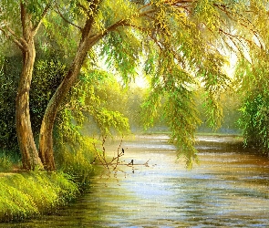 Malarstwo, Drzewa, Rzeka, Obraz