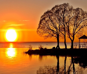 Jezioro, Altanka, Słońca, Drzewa, Zachód