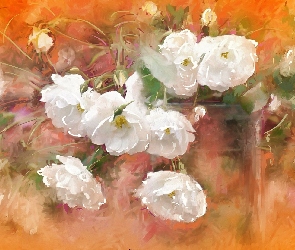 Malarstwo, Róże, Białe, Kwiaty, Obraz