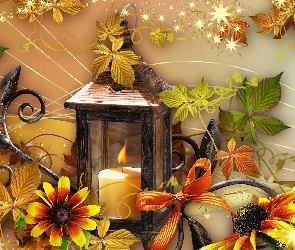 Rudbekia, Kwiaty, Kompozycja, Liście, Świeca, Jesienna, Lampion