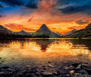 Jezioro, Góry, Kamienie, Wschód słońca