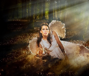 Anioł, Kobieta, Las, Fantasy, Promienie, Słońca