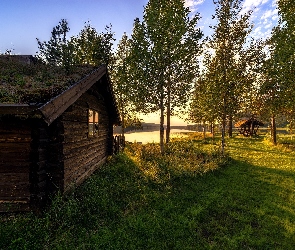 Poranek, Jezioro, Vestby, Przebijające Światło, Chata, Norwegia, Hedmark Fylke