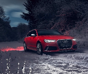 Zima, Las, Samochód, Czerwony, Audi, Noc